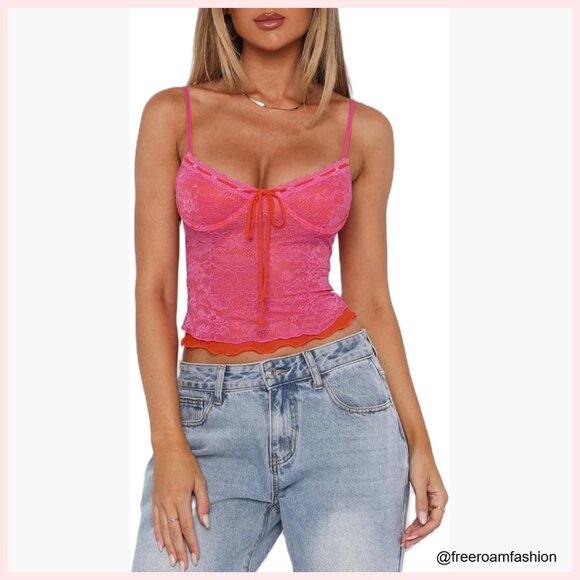 Tops - Y2K Spaghetti Strap Camisole Lace Trim Square Neck Tank Top Streetwear